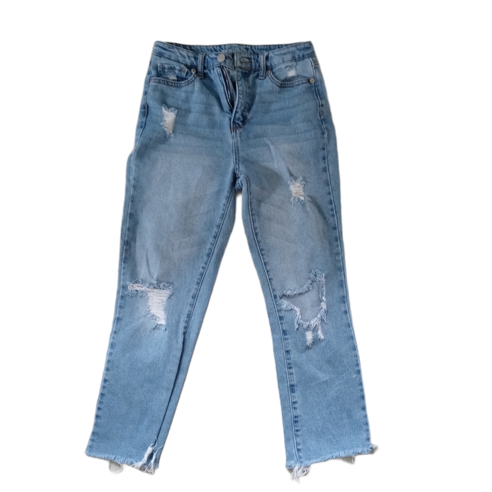 Highwaisted Light Wash Distressed Cropped Denim